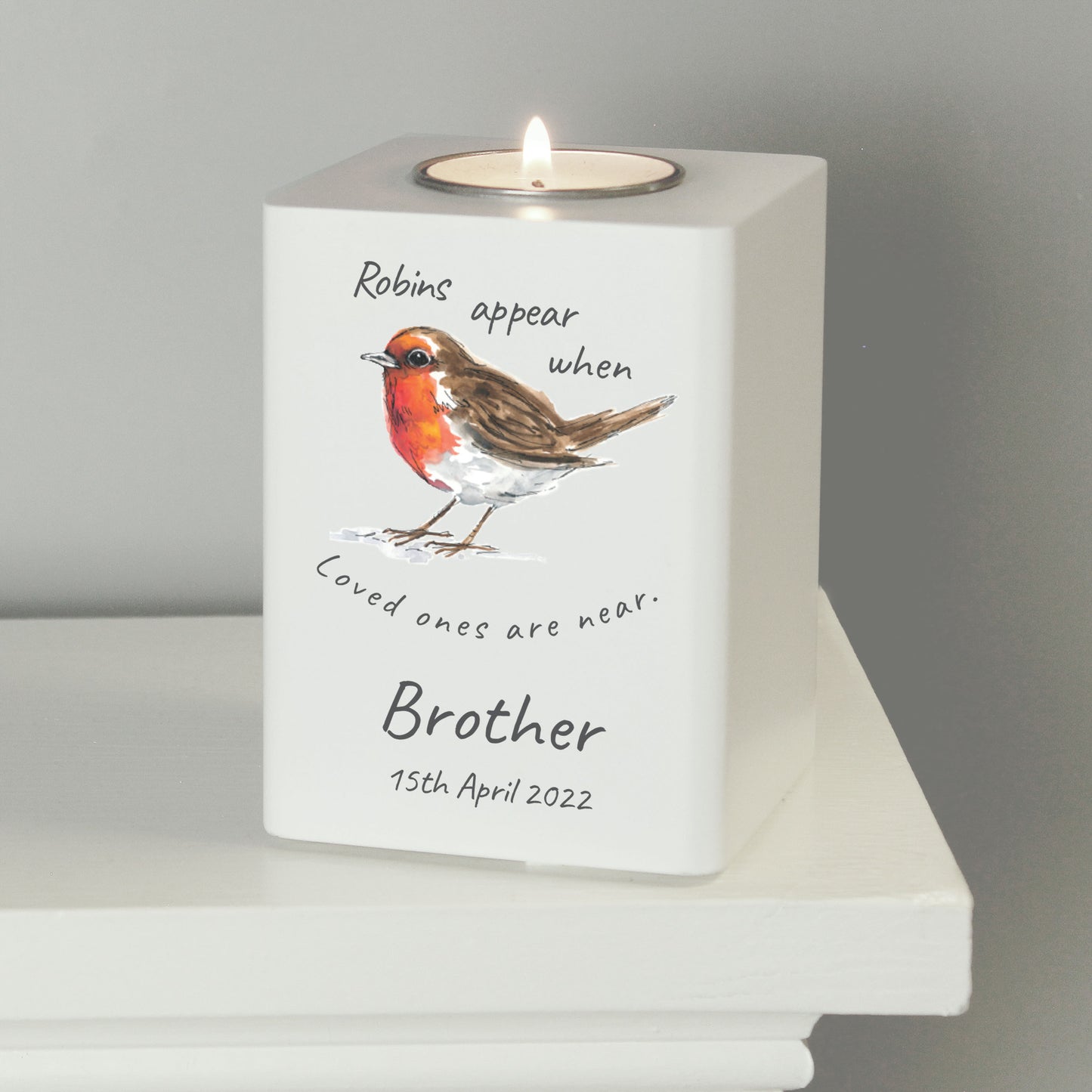 Personalised Robins Appear White Wooden Tea light Holder