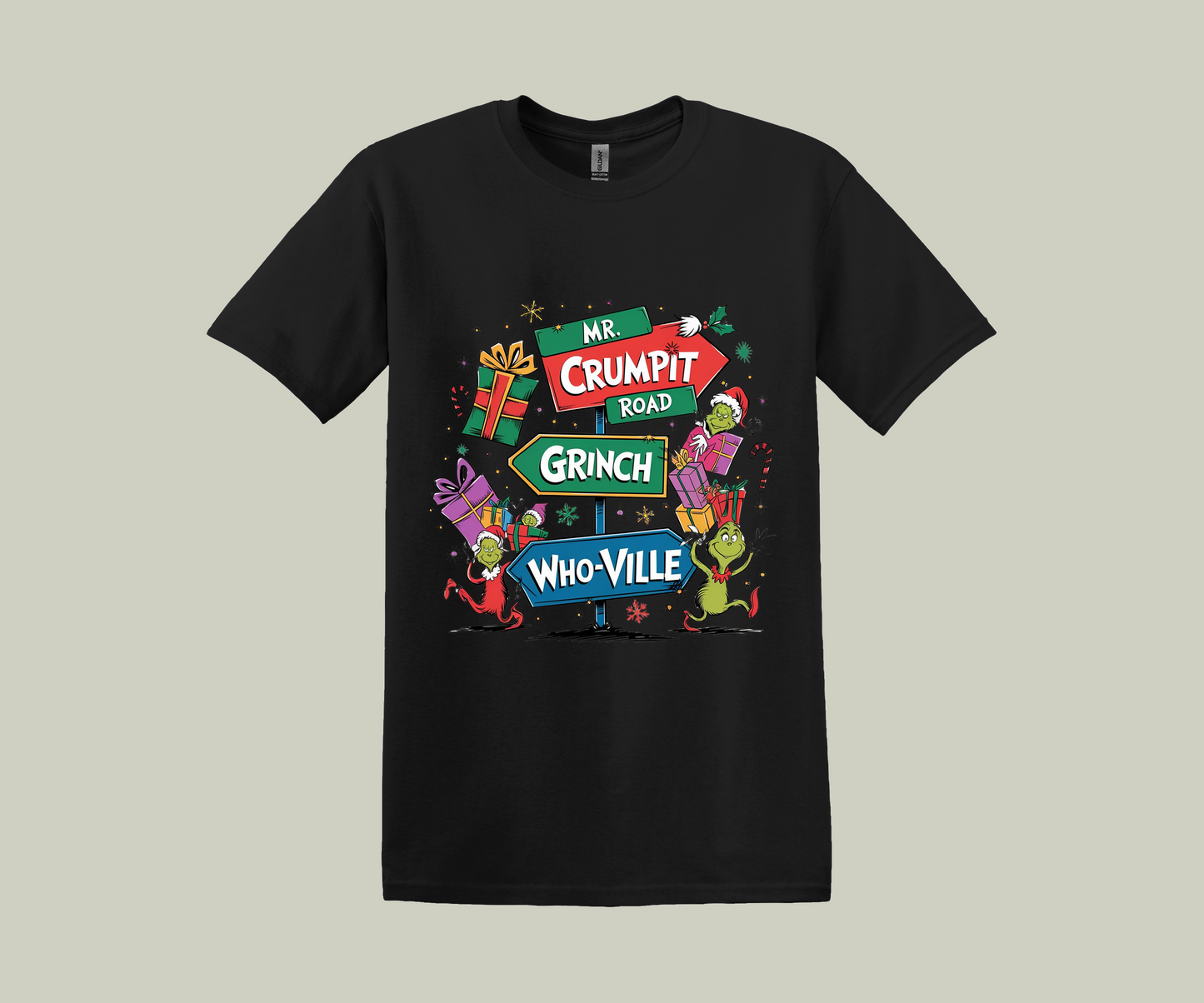 The Grinch Sign Post With Characters, Christmas Funny Printed Novelty T-Shirt