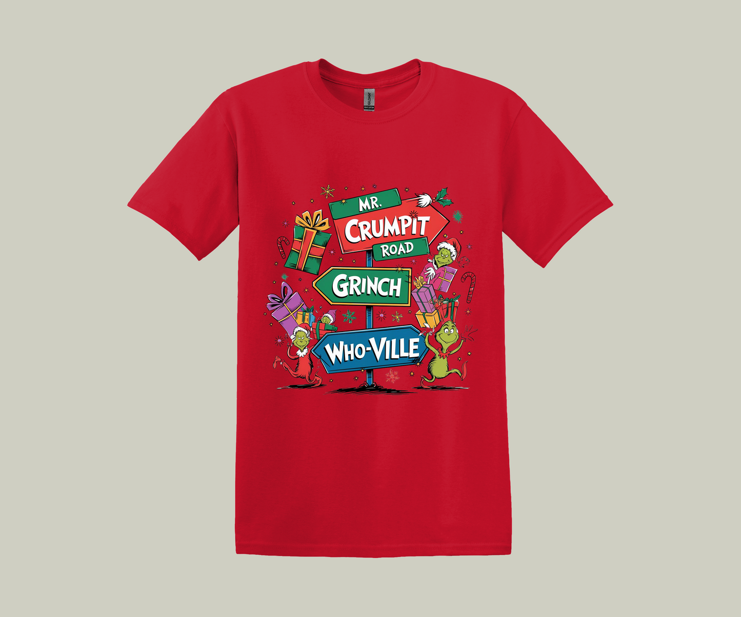 The Grinch Sign Post With Characters, Christmas Funny Printed Novelty T-Shirt