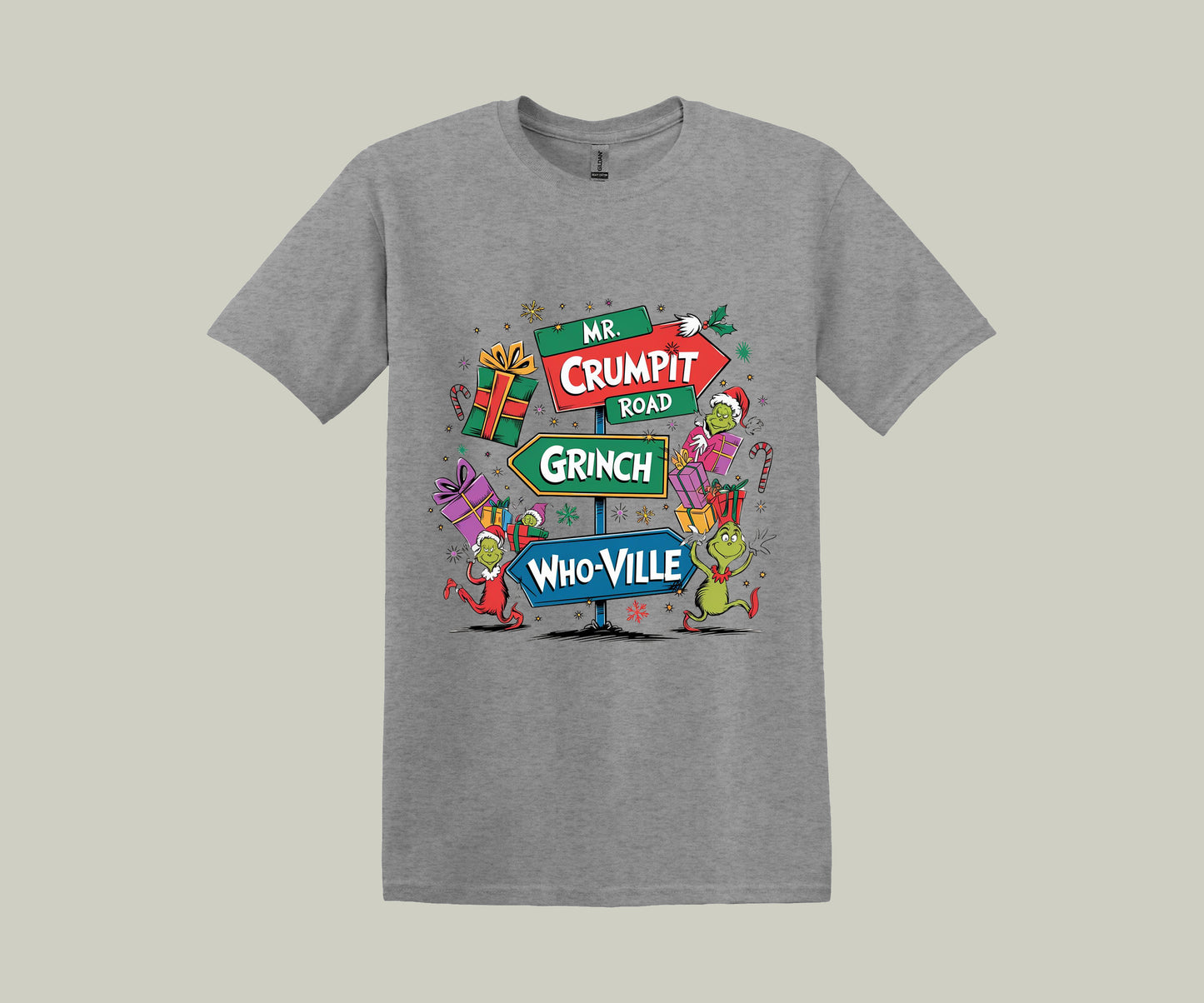 The Grinch Sign Post With Characters, Christmas Funny Printed Novelty T-Shirt