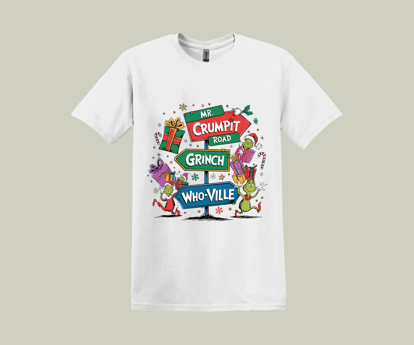 The Grinch Sign Post With Characters, Christmas Funny Printed Novelty T-Shirt