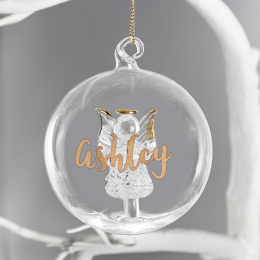 Personalised Gold Glitter Name Only Angel Glass Bauble