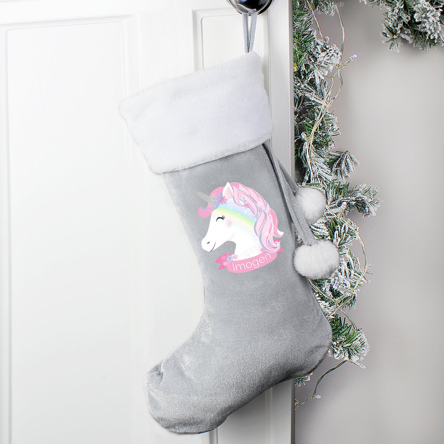 Personalised Christmas Unicorn Luxury Silver Grey Stocking