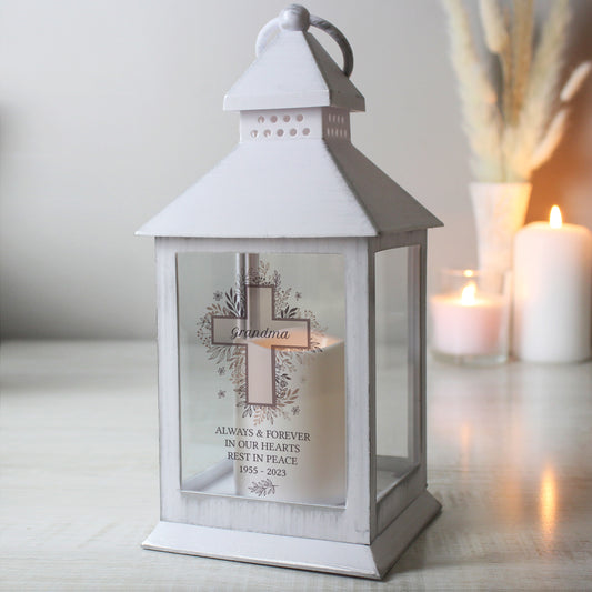 Personalised Floral Cross White Lantern