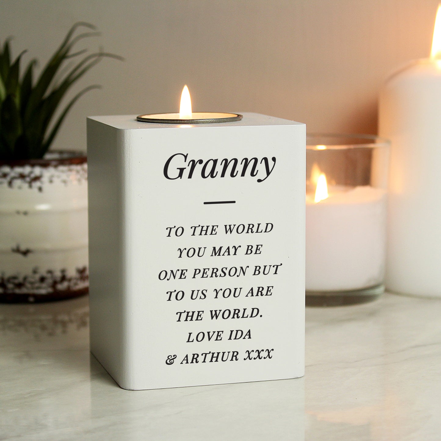 Personalised Free Text White Wooden Tea light Holder