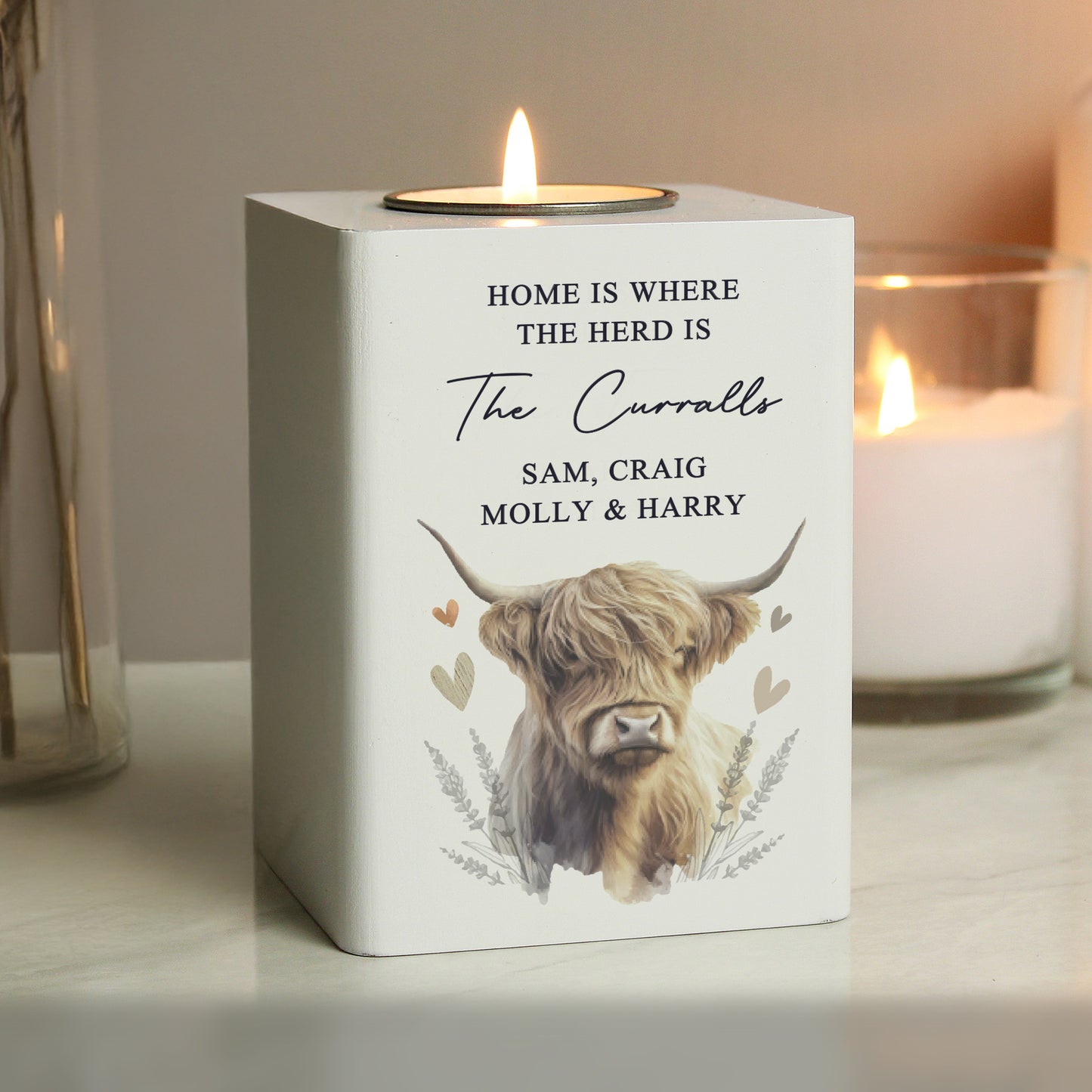 Personalised Highland Cow Wooden Tealight Holder