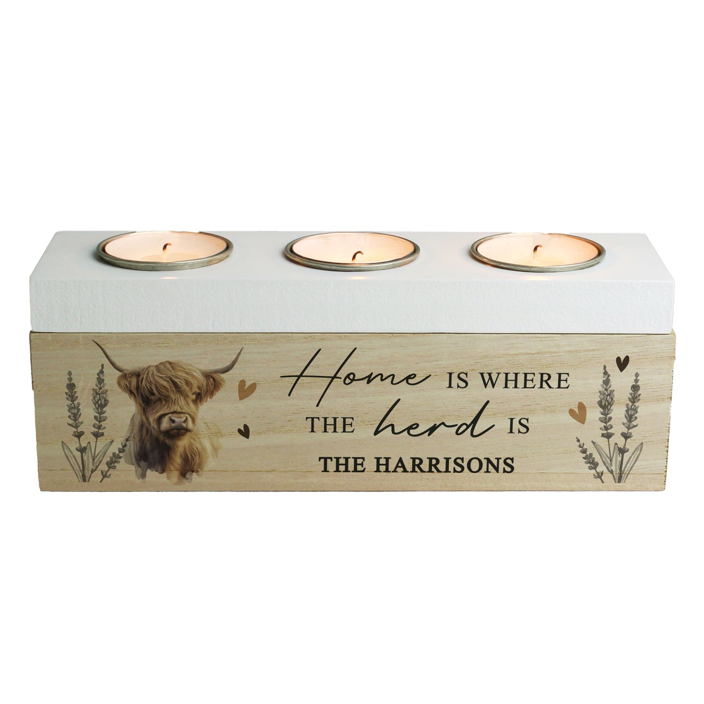 Personalised Highland Cow Triple Tea Light Box