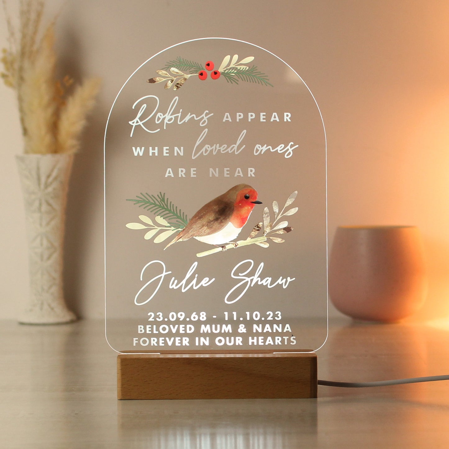 Personalised Robins Appear Wooden Based LED Light