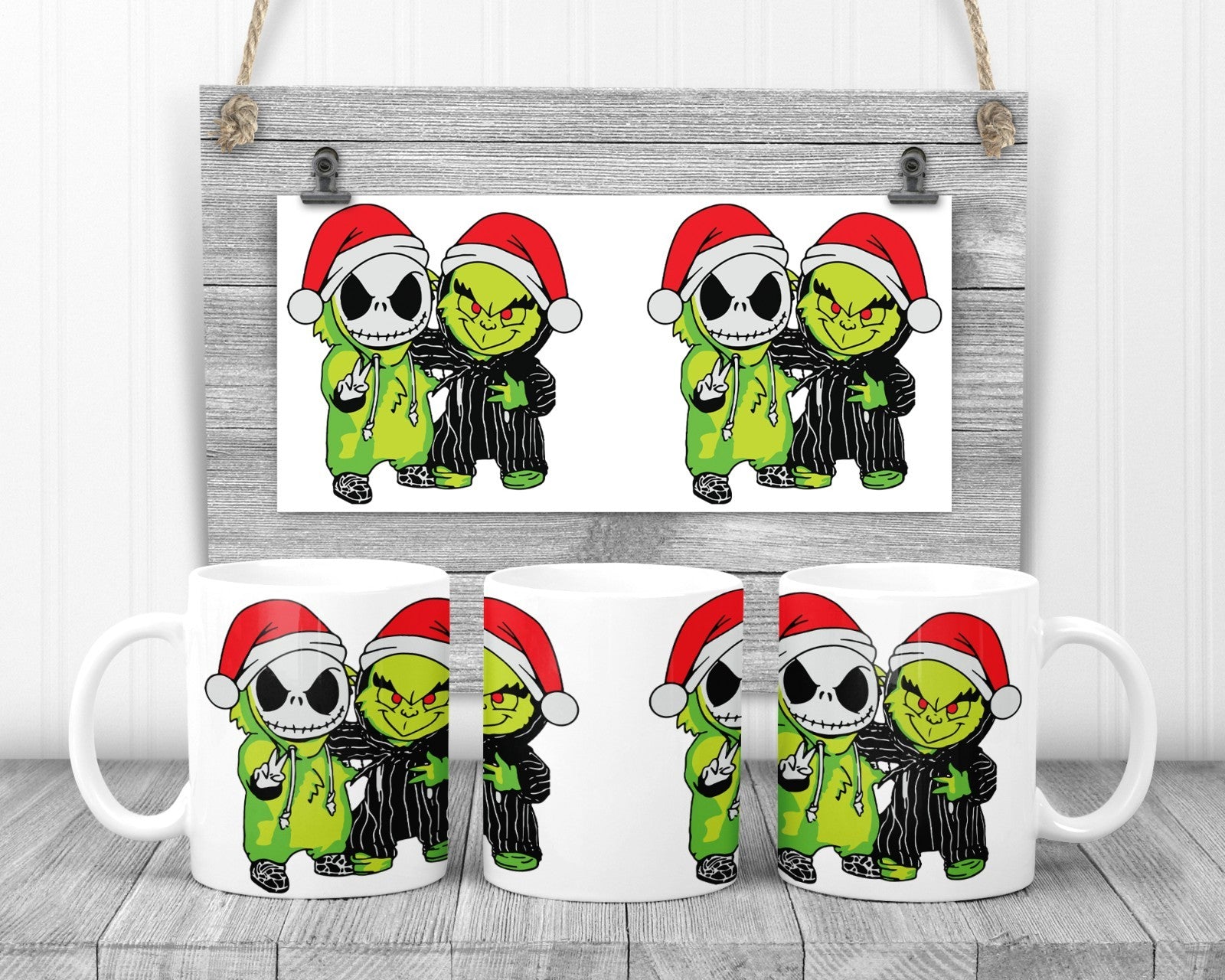 Baby Jack and Baby Grinch Wearing A Santa Hat Mug, 11oz Ceramic Cup,  Fan Gift,