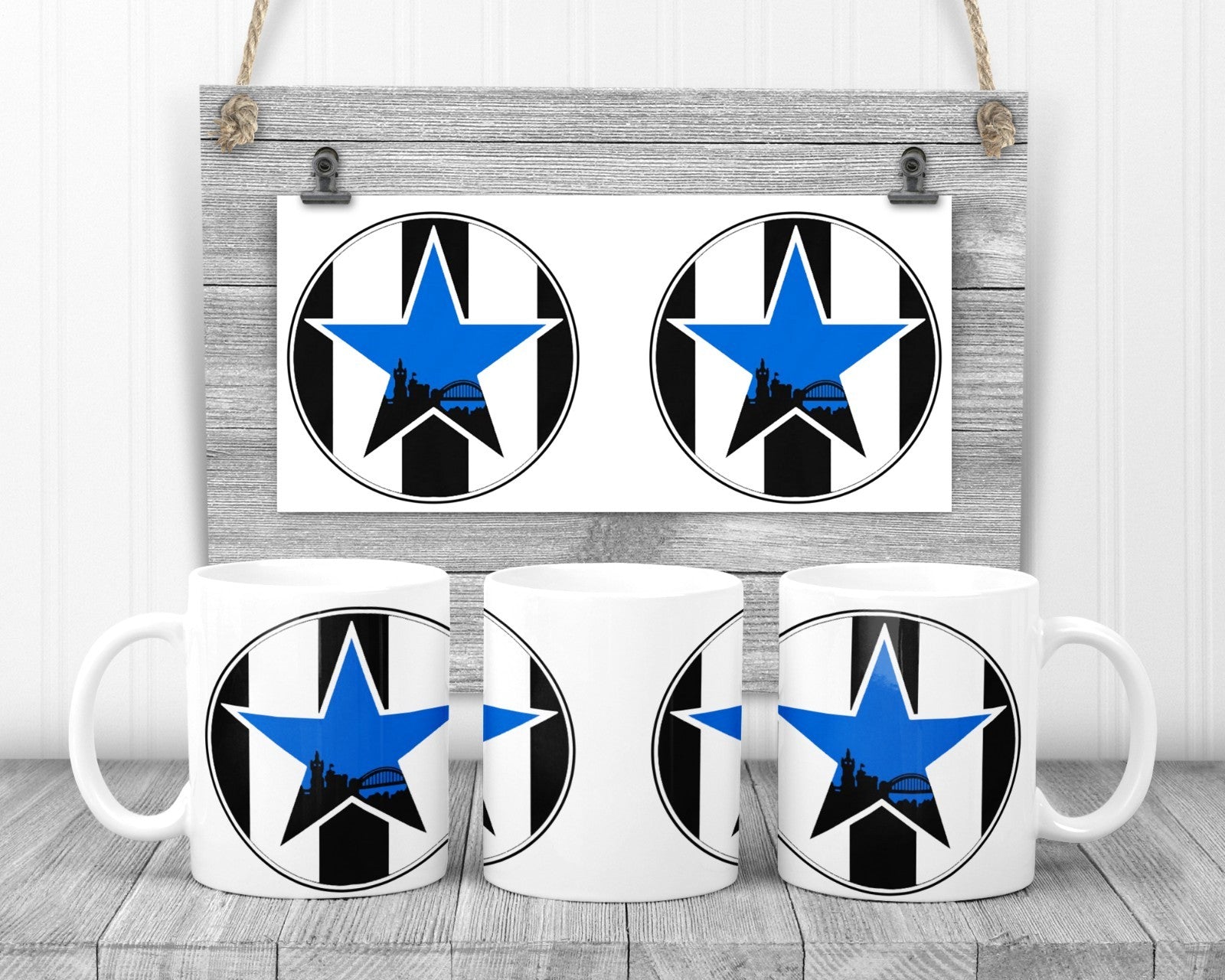 Blue Star Newcastle upon Tyne Skyline Mug, 11oz Ceramic Cup, Newcastle Fan Gift