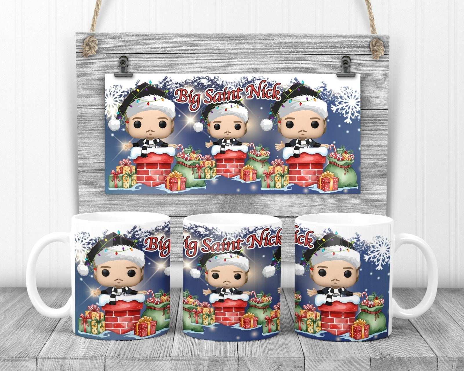 Big Saint Nick Stuck Down Chimney Mug, 11oz Ceramic Cup, Black & White Fan Gift,