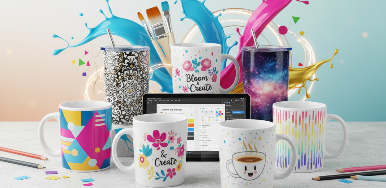 website banner for graphic design and printed mugs and tumblers